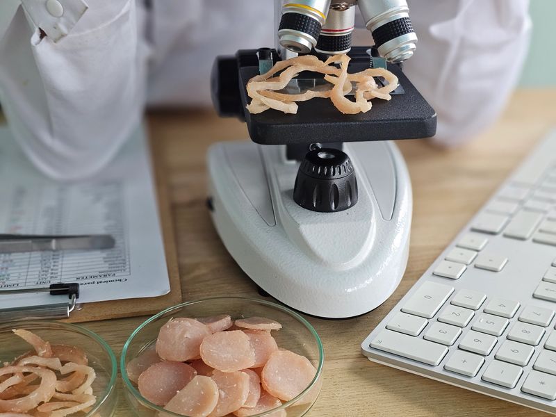 Researcher observes samples under microscope in laboratory setting during work hours in a scientific study
