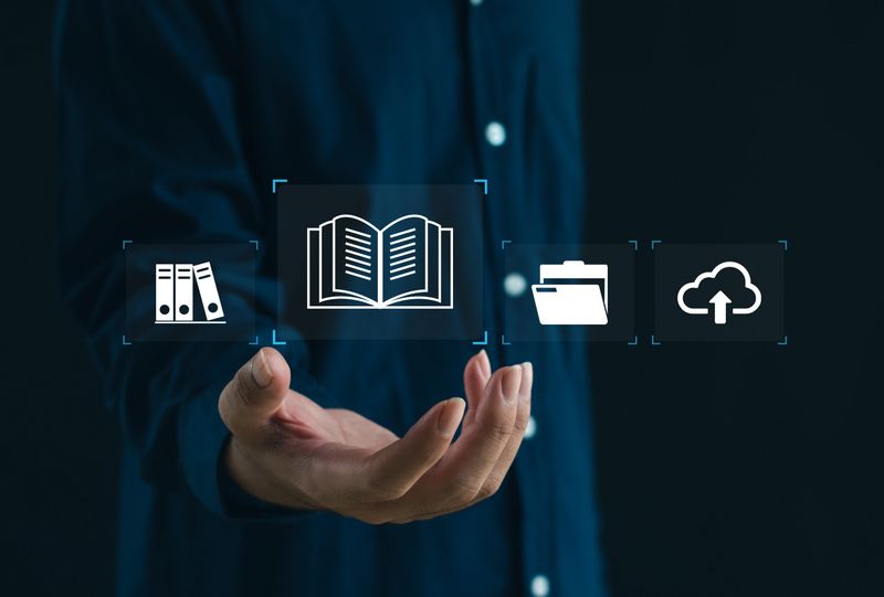 Digital knowledge management concept with online documents, cloud storage, virtual folders, and secure data organization for e-learning, business information systems, and paperless workflow.