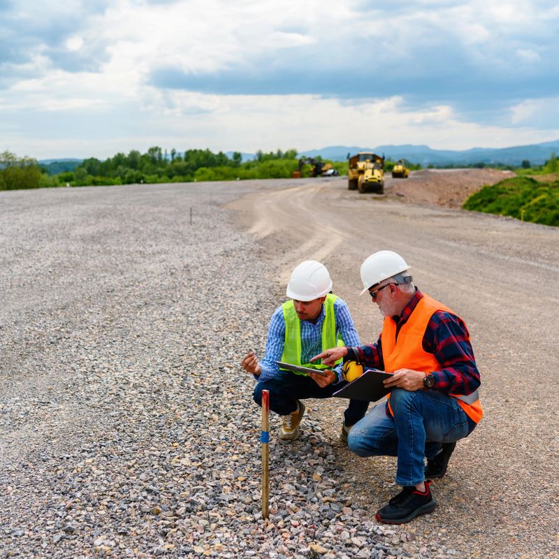 Two engineers check the PIN against the road plan