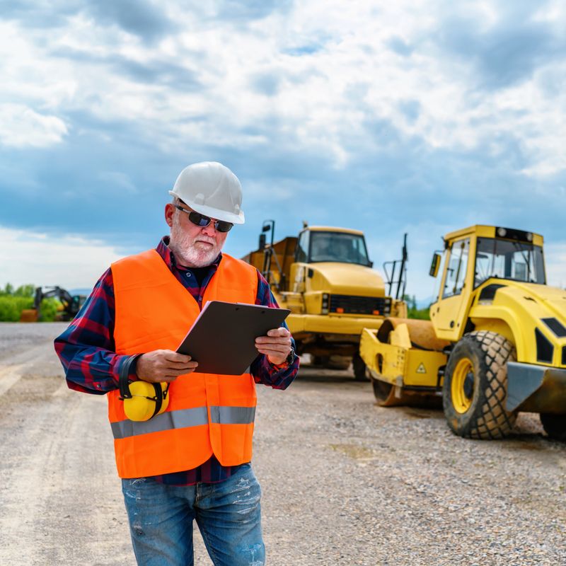 Construction supervisor reviewing plans while overseeing roadwork