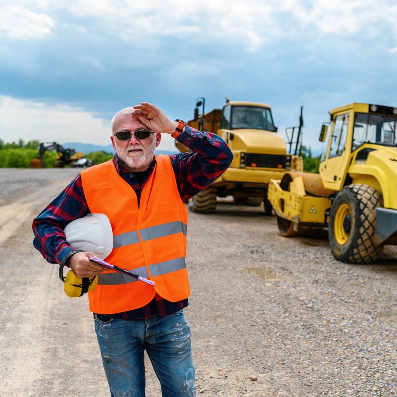Construction supervisor reviewing plans while overseeing roadwork