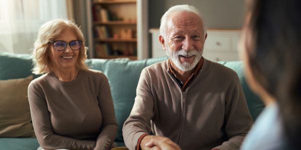 Smiling elderly couple sitting and talking to a person.