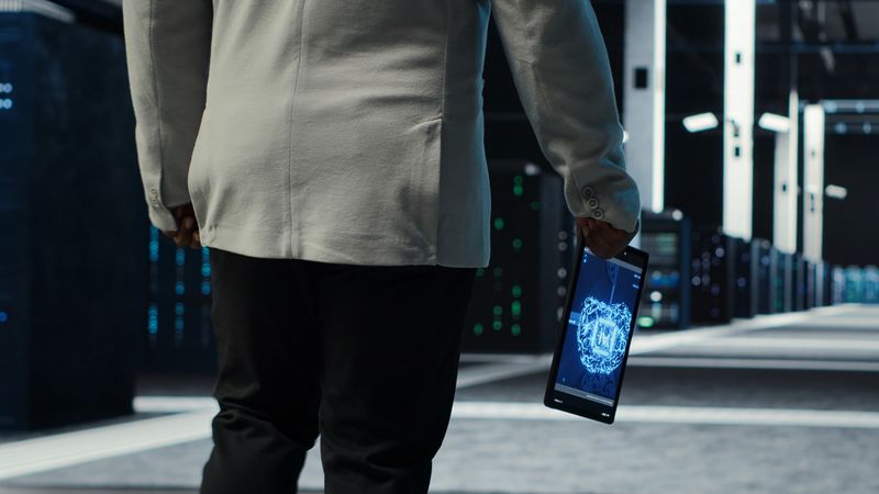 Programmer in data center using artificial intelligence tech on tablet to deploy new server architectures. Man walking in server room, updating storage arrays to maintain stable performance, camera B