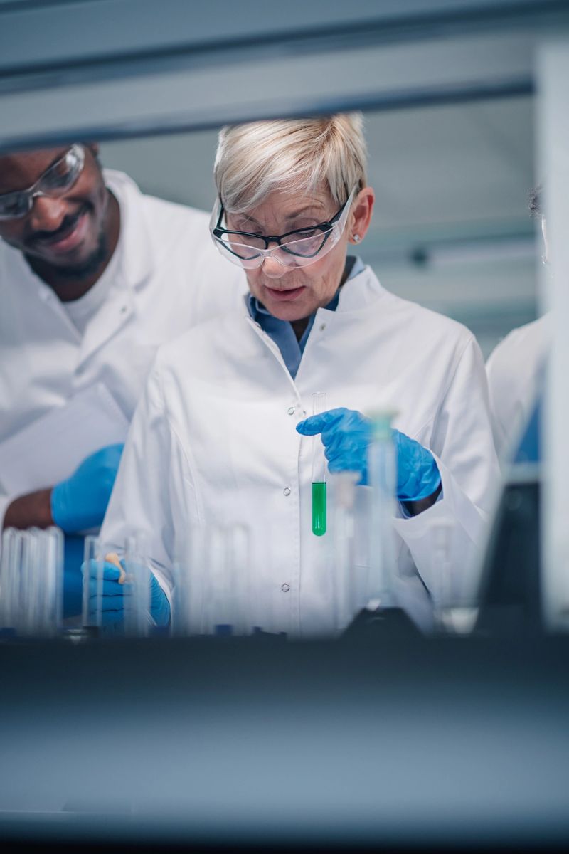 Diverse researchers and scientists conducting scientific experiments in a modern laboratory, holding a test tube with green liquid