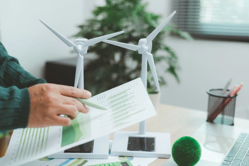Eco-friendly business concept with hand analyzing financial charts and green earth globe symbolizing sustainable investment, environmental data analysis and green economy growth. green business.