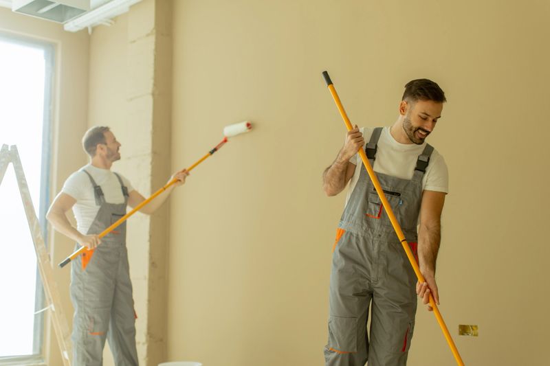 Two men are painting a beige wall in a room, using paint rollers attached to long handles. They appear focused on their task with smiles, enjoying the home renovation.