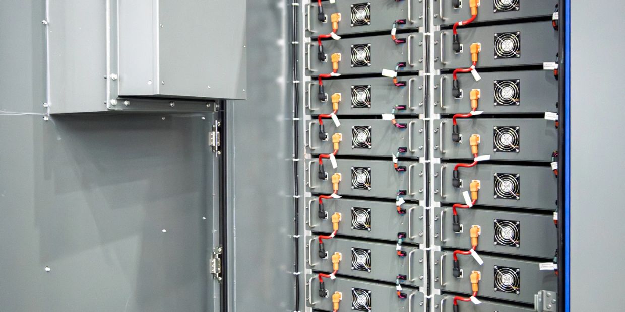 Rows of battery modules inside a grey metal electrical cabinet.