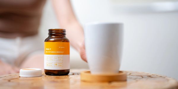 Multivitamins bottle next to a white cup on a wooden table.