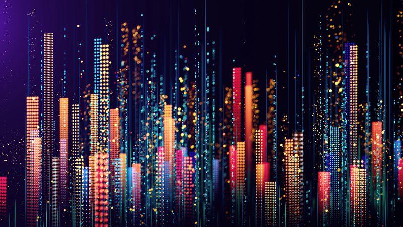 A dynamic night skyline depicted as colorful dotted columns and glowing lines, evoking a futuristic city vibe. This abstract composition suggests technology, data, and energy for digital media and nightlife themes.