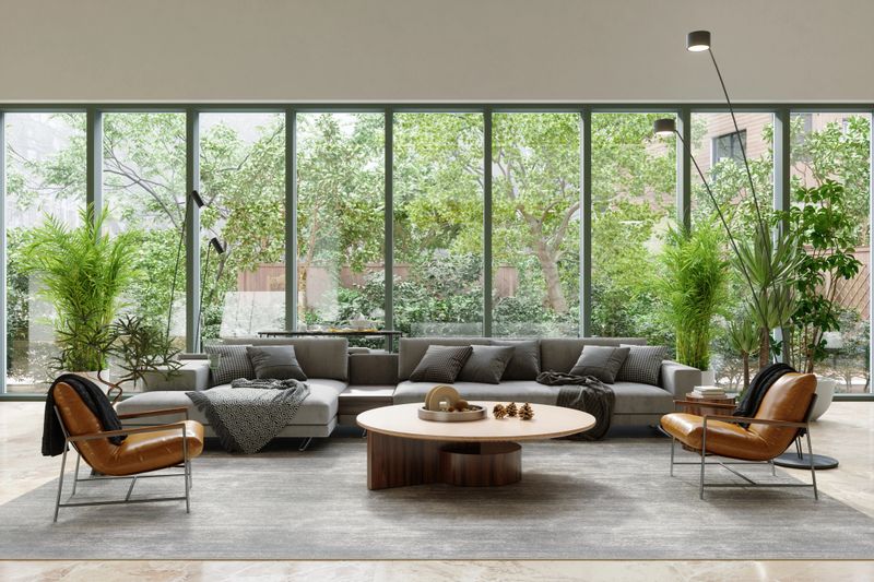 A contemporary living room featuring a spacious seating arrangement, floor-to-ceiling glass windows, and abundant indoor plants.