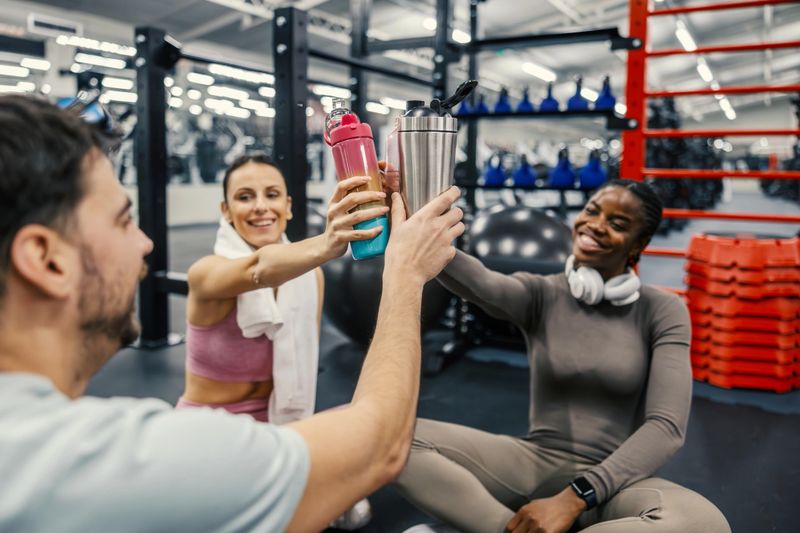 Diverse friends celebrating their fitness achievements and healthy lifestyle, sitting on the gym floor after a successful workout, toasting and enjoying protein shaker drinks