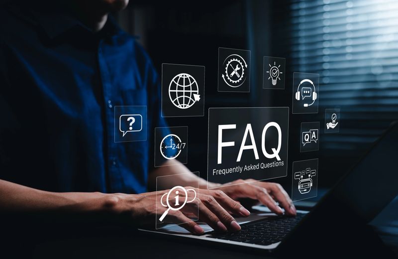 FAQ concept for online support, knowledge base, and customer service, User accessing frequently asked questions via digital platform for efficient 24/7 assistance. Q and A, online help center, chatbot