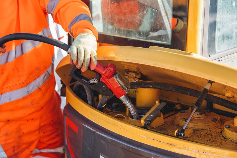 A worker in bright orange safety gear is refueling heavy machinery at a construction site. The worker handles the hose carefully, ensuring the equipment is properly maintained and functioning.