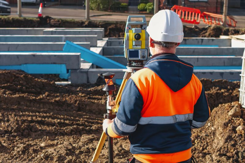 A surveyor in safety gear operates surveying equipment to measure land at a construction site during daytime. The area shows foundation preparations and equipment nearby, indicating ongoing work.