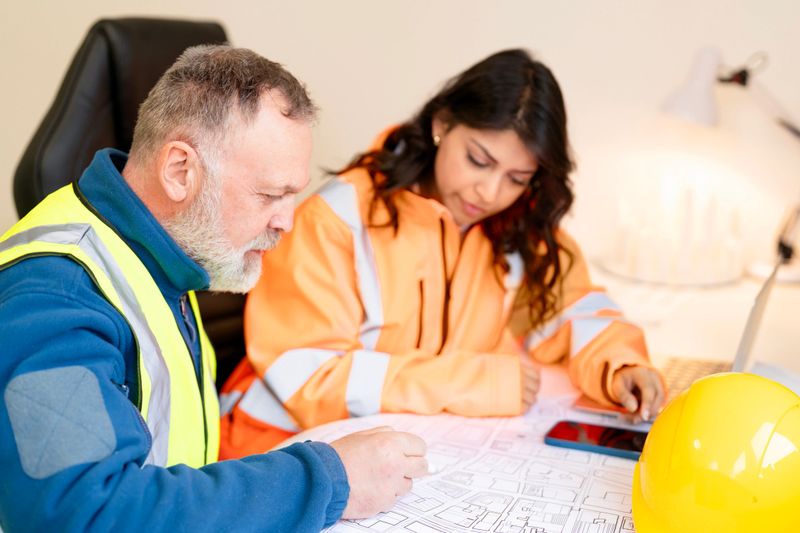 Two construction professionals analyze blueprints on a table while discussing project details. One wears a safety vest, and they have tools and a hard hat nearby, ensuring safety measures.