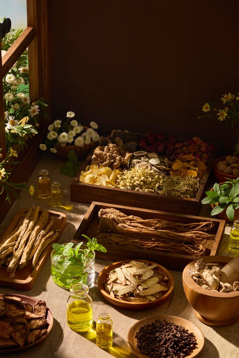 Multiple herbal ingredients arranged on a wooden table. Natural lighting from window, blank space for branding traditional herbal products or organic medicine concepts