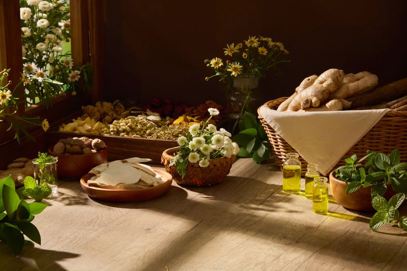 Herbal still life featuring raw ingredients and natural materials near a window. The scene conveys calmness, tradition, and the natural origin of herbal-based products. Space for design, product presentation