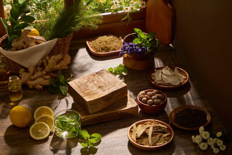 A close composition of herbs, roots, and wooden bowls arranged naturally. Wooden background and sunlight for herbal and eastern medicine branding. Empty space for product presentation