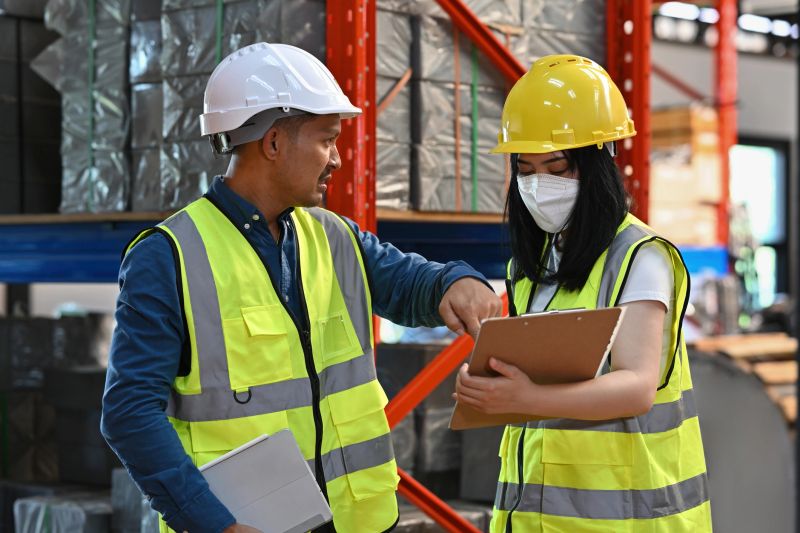 A Manager pointing out issues in operations while checking records and ensuring compliance with safety standards in a warehouse.