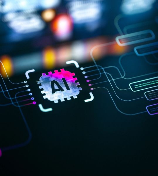 Finger pointing to a glowing 'Generative AI' label with colorful data streams.