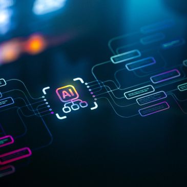 Digitales AI-Netzwerk-Diagramm auf dunklem Hintergrund.