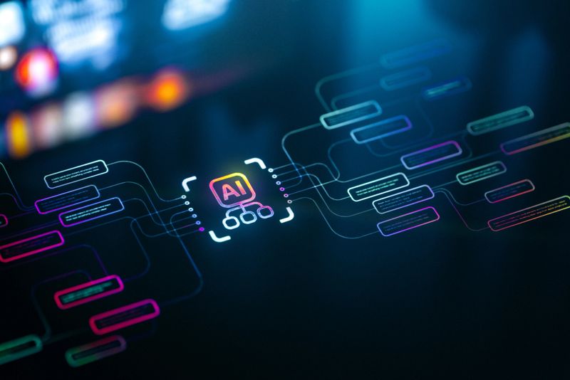 Multimodal AI Technology Concept with Digital Blocks Representing Artificial Intelligence Technologies. A futuristic digital illustration shows an AI icon surrounded by neon connected blocks and circuits, suggesting artificial intelligence, data networks, and advanced technology. Bright colors and soft glow create a modern tech mood.