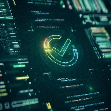 Glowing neon checkmark symbol on a futuristic digital interface.