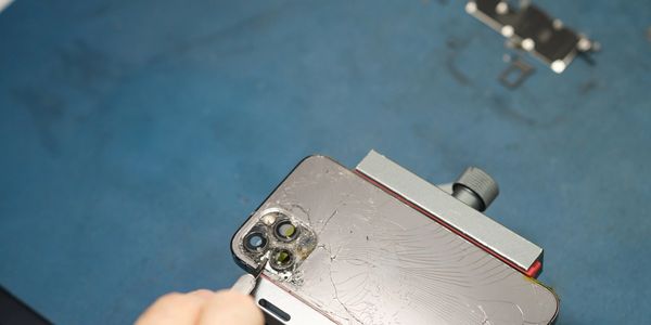 Technician repairing a cracked smartphone camera lens.