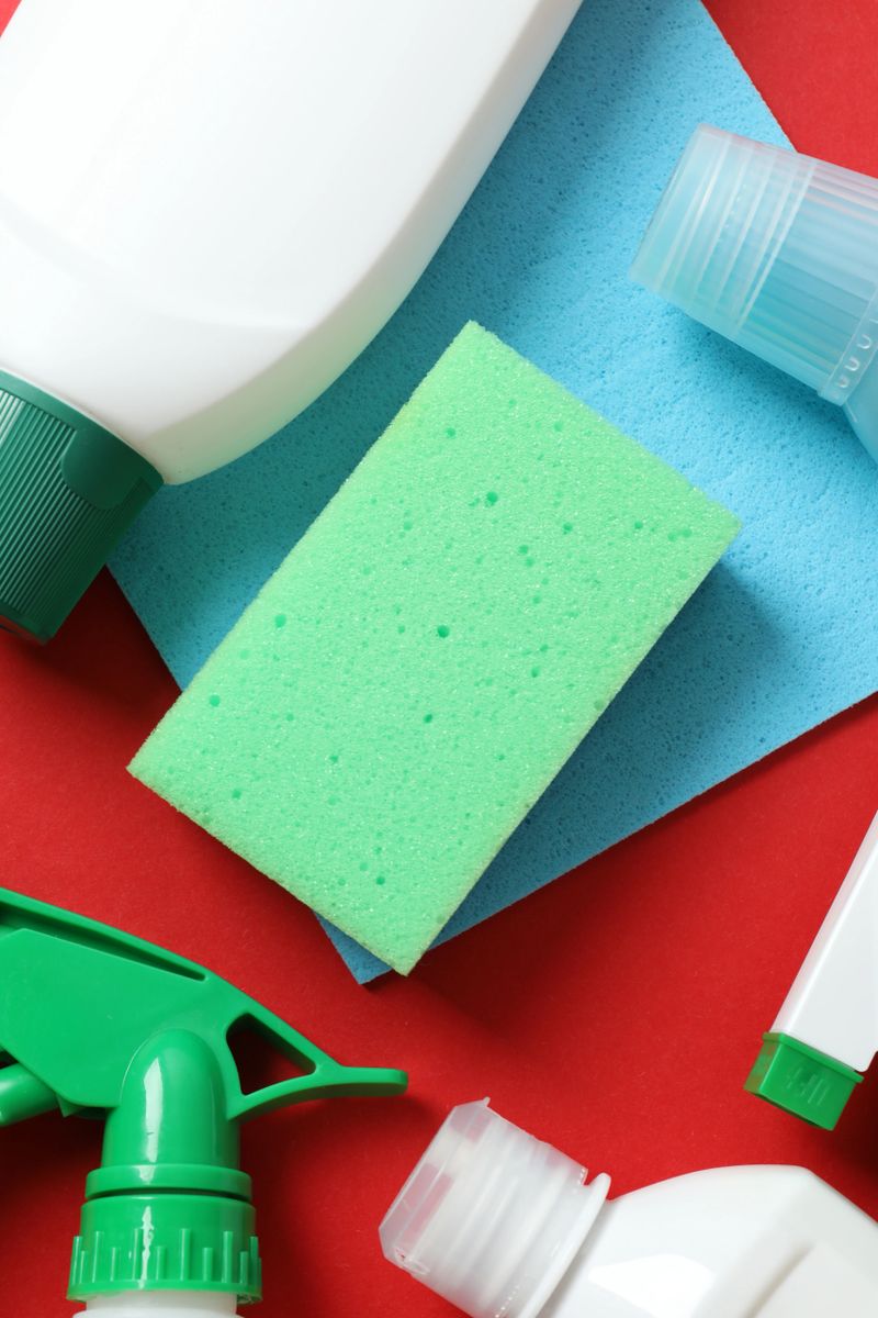 Cleaning products on color background. Ideal for cleaning, organizing and home maintenance theme. Eco-friendly cleaning concept