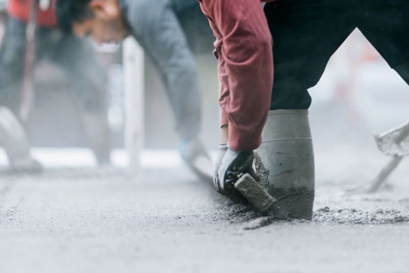 A team of hardworking men spreading, leveling, and pouring concrete at a construction site, preparing the slab for a new home build.  The wet cement steams in the cold PNW air.