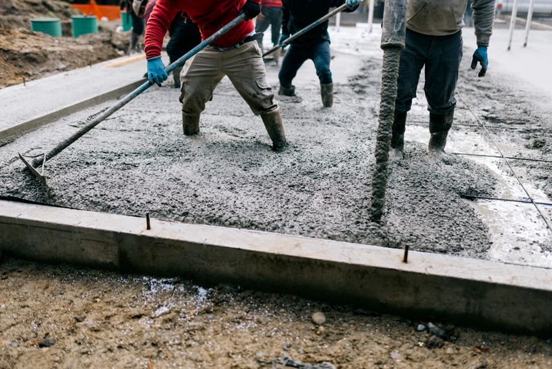 A team of hardworking men spreading, leveling, and pouring concrete at a construction site, preparing the slab for a new home build.  The wet cement steams in the cold PNW air.
