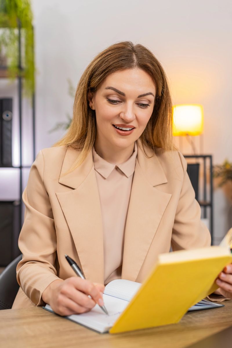 Middle-aged businesswoman at home office reads leadership book quotes smiles and writes ideas in notebook. Freelancer girl at table plans goals notes tips for work and self growth motivation and focus