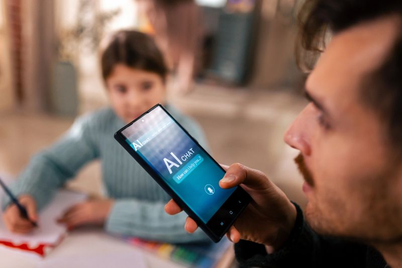 Modern family learning together with Ai homework assistance on smartphone