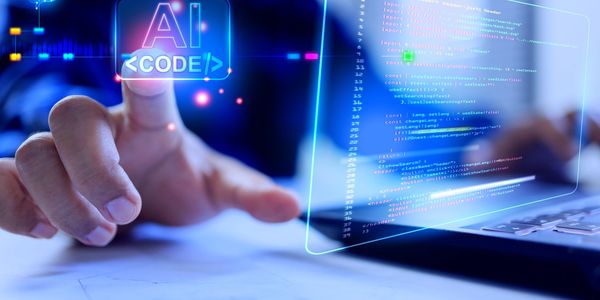 Person interacting with AI coding interface on a digital screen.
