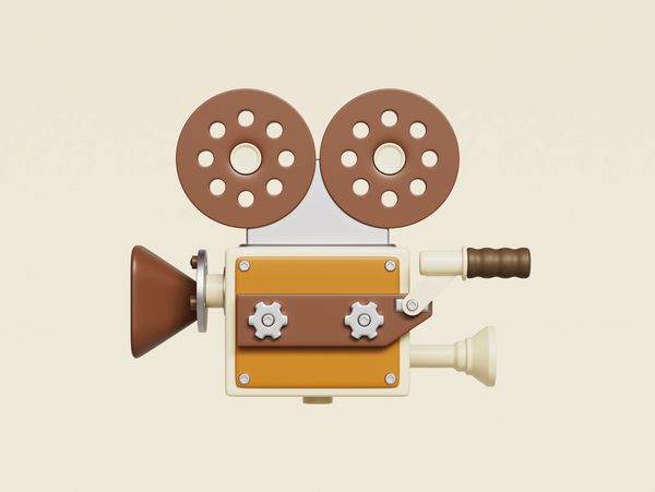 Retro film camera with brown and beige tones on a plain background.