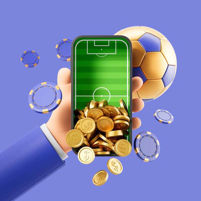 Hand holding smartphone with soccer field on screen, gold coins spilling out, surrounded by chips and ball on violet background. Concept of online sport betting. 3D Rendering
