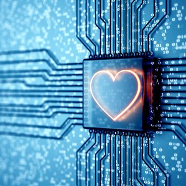 A glowing heart shape on a microchip circuit board.