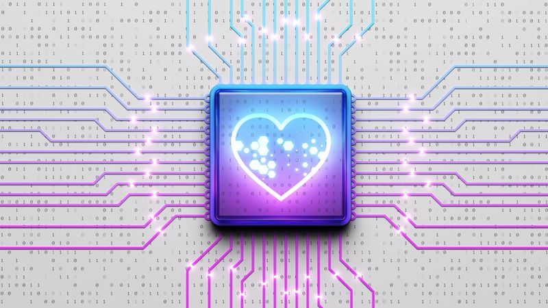 A futuristic computer chip displaying a glowing heart icon and circuit lines extending outward.  Digital empathy and love, the problem of social media. The concept of medical technologies and heart health.