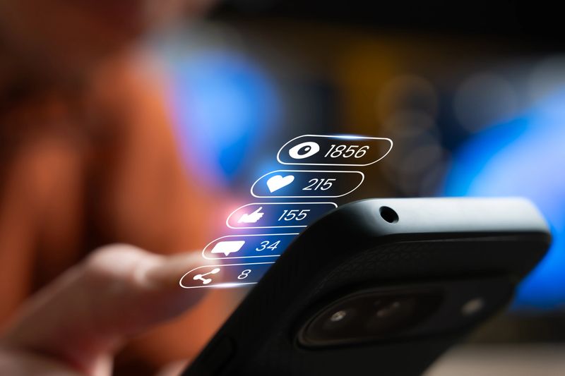 Smartphone With Social Media Metrics Overlay Showing Views, Likes, Hearts, Comments And Shares, Illustrating Engagement Tracking, Audience Growth, Marketing Performance, And Content Analytics For Online Social Media Platforms Used By Influencers