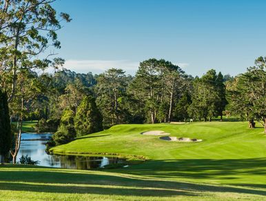 Golf course with trees and water under a clear sky.