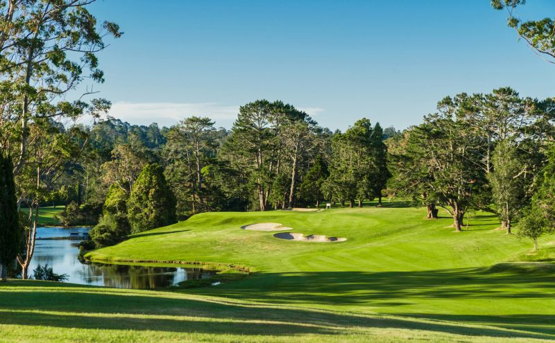 A peaceful golf course landscape with rolling greens, reflective ponds, and sunlit trees, combining nature’s beauty with a well-maintained sporting environment.