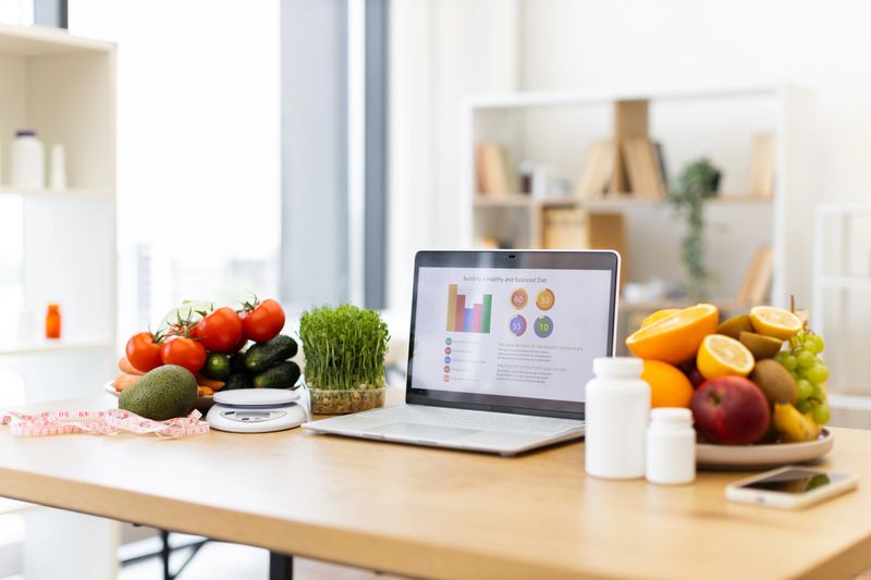 A laptop displays a diet plan next to a plate of fruits and vegetables, promoting healthy eating habits.