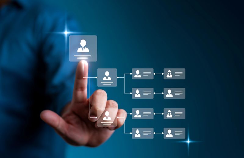 Businessman points to a virtual screen to arrange organization charts, mind maps, or organigrams, while an HR manager manages company structure, resource leveling, and career path planning.