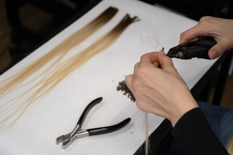The image showcases a professional hairstylist working on hair extensions using specialized tools. The hairstylists hands are focused on attaching individual strands of blonde hair with precision. The workspace is organized with pliers and other equipment displayed on a clean white surface, emphasizing a professional setting. Ideal for illustrating beauty industry practices, hair care techniques, or professional hairdressing tutorials