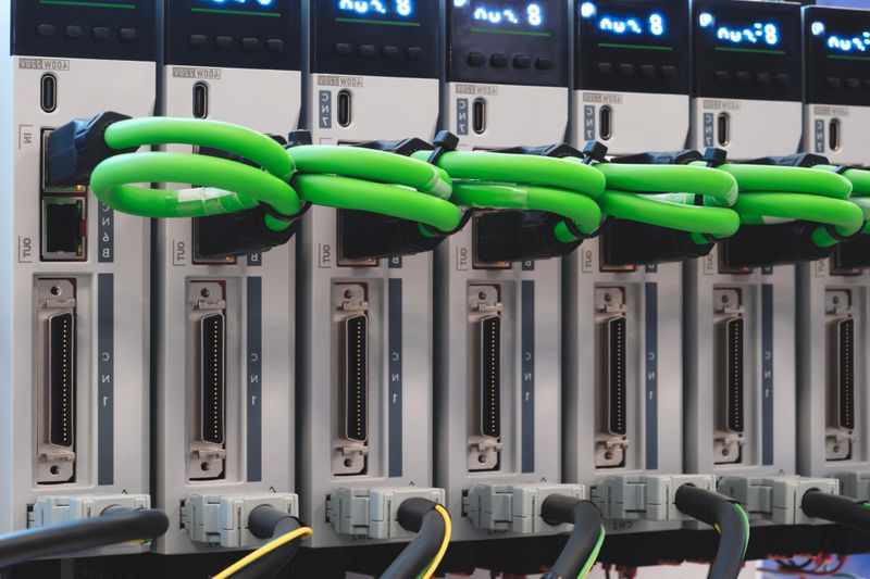 Internet communication equipment with fiber optic cables and switching units and servers, internet communication concept background