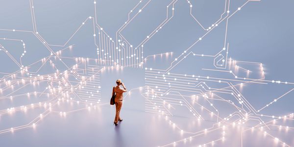 Person analyzing a complex digital circuit network.