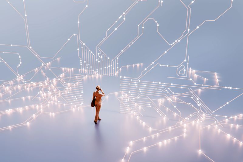 Businesswoman on the phone walking in VR environment. 3D generated image.