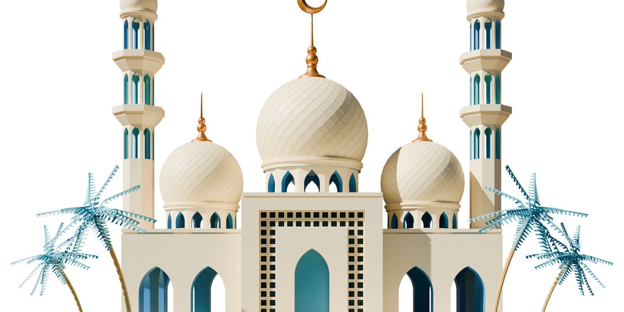 Elegant mosque with domes, minarets, and palm trees in a stylized design.