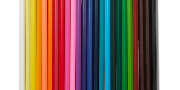 A close-up of colorful pencils arranged in a row.