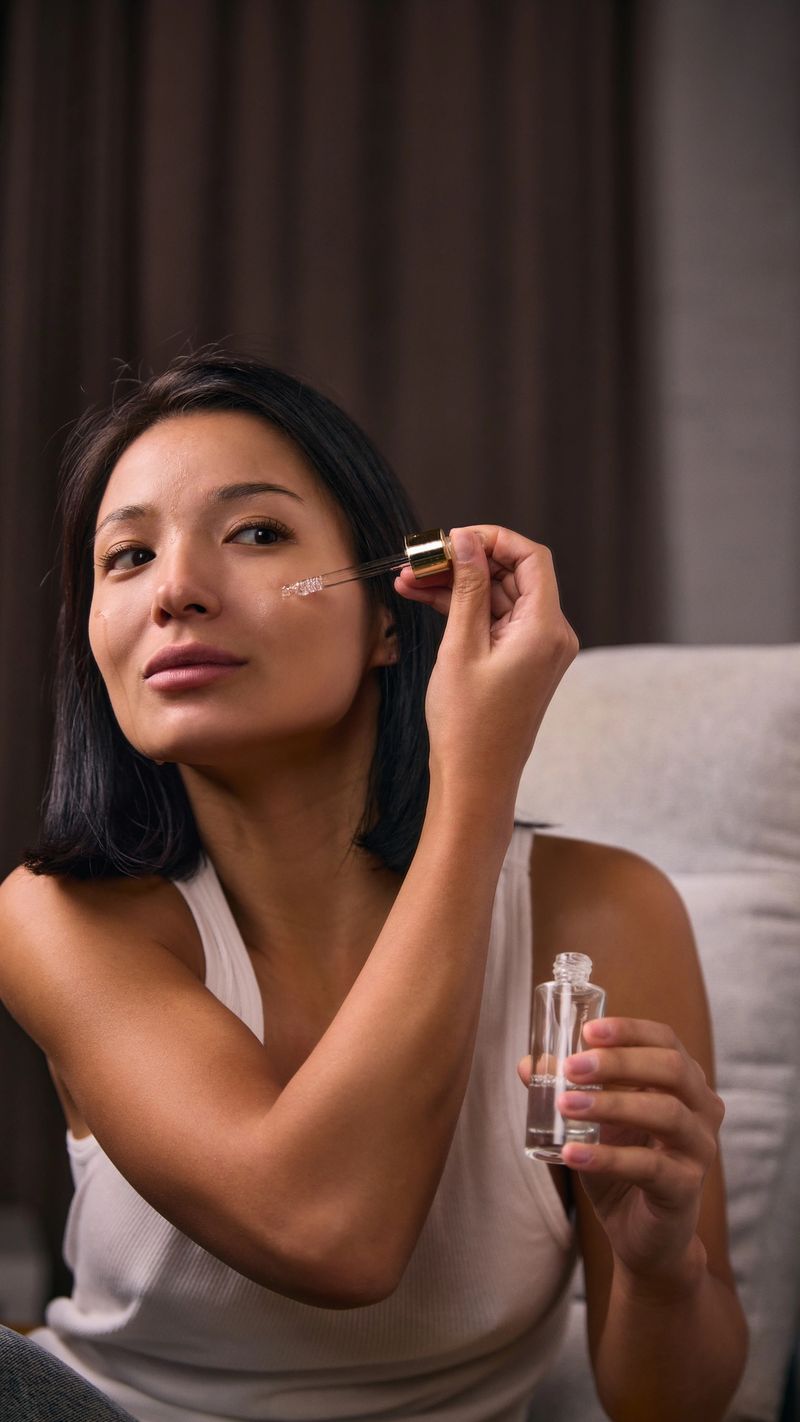 Woman applying facial serum with dropper during skincare routine. Concept of cosmetic product advertising, skincare brand design,social media promotions and beauty industry marketing.